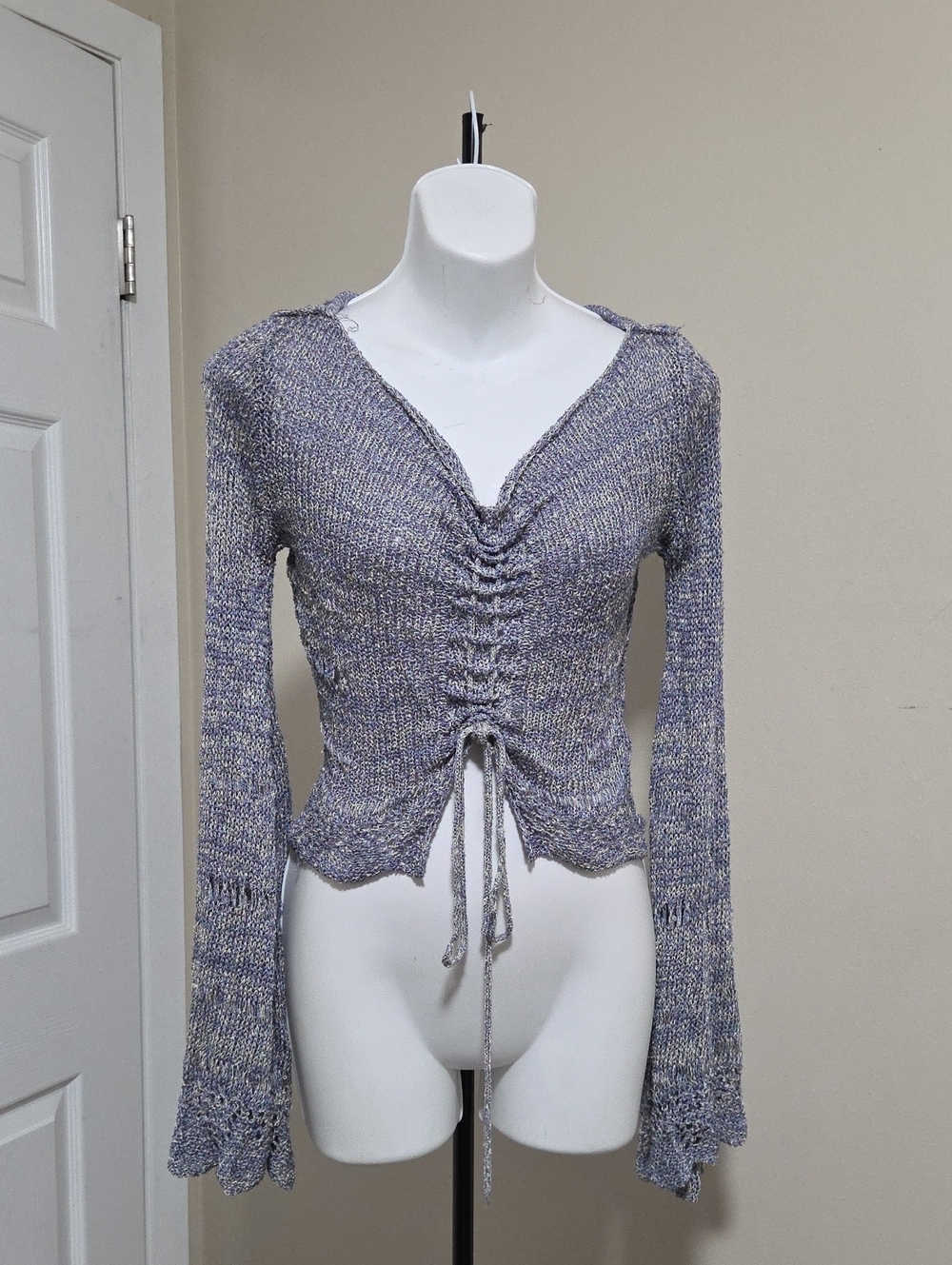 Free People Heathered Blue-Cream Off-Shoulder Knit Top